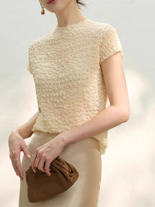 WANGGONGZHU | French Style Half High Collar Pleated Texture Short Sleeve T-Shirt Women Summer Breathable Overhead Top Korean Loose Fit Pure Color