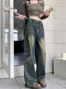 American Retro Workwear Jeans High Waist Straight Leg Womens Hip Hop Wide Leg Long Trousers Fashionable Casual Denim Pants
