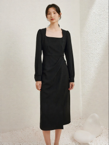Yigue | Hepburn Style Vintage Square Neck Slimming Little Black Dress