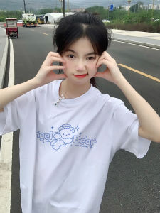 White round Neck Short Sleeve T-Shirt Womens Summer New Pure Cotton Loose High-End Cartoon Print Street Style Top Trendy Brand