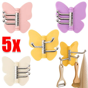 5Pcs Rotating 3 Hook Powerful Sticky Hook / Heavy Duty Butterfly Shape Adhesive Wall Hooks / Waterproof Storage Hanger for Kitchen Bathroom