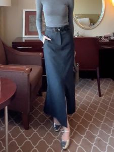Gray High Waist A-Line Suit Skirt Womens Autumn New Style Commute Thin Long Skirt Versatile Split Design Korean Style Half Skirt