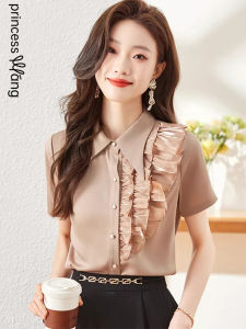 WANGGONGZHU | Fashionable Short Sleeve Shirt Womens Commute Style Elegant Top Button Design Slim Fit OL Style Pure Color Summer New Arrival