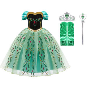 Children Princess Costume Green Party Anna Fancy Dress Up New Christmas Girl Birthday Carnival Disguise Embroidered Frock Clothe