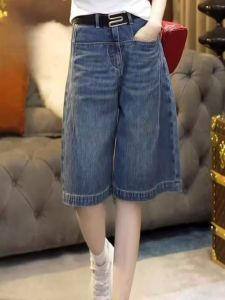 High Waist Loose Casual Womens Five-Point Denim Shorts Summer New Style A-Line Straight Leg Short Pants Retro Blue Jeans