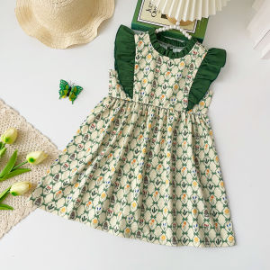Gấu lãnh đạo mùa hè váy công chúa cho quần áo trẻ em cô gái hoa thỏ bay tay áo ăn mặc mới bé gái giản dị quần áo không tay 3 4 5 6 7 năm