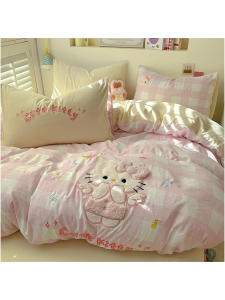 Cute Kt Cat Cartoon Washed Cotton Patchwork Embroidery Four Piece Bedding Set Student Dormitory Three Piece Set 0.9m