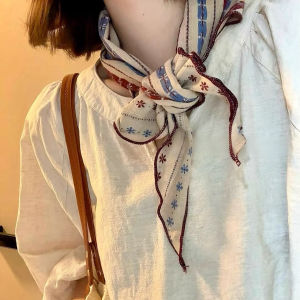 Khăn Choàng Lụa Vải Lanh Cotton Phong Cách Hàn Quốc Cổ Điển Nghệ Thuật Cho Nữ Khăn Quàng Cổ Mùa Xuân Thu Mới Bảo Vệ Cổ Phụ Kiện Hình Tam Giác Khăn Choàng