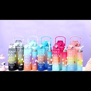Set 3 Bình Nước Có Vạch Nhắc Giờ Có Tặng Ticker Siêu Cute Dung Tích 2000ml 900ml và 400ml Tiện Lợi 3 in 1