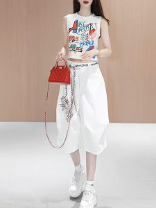 Shalldoer | Fashionable Graffiti Sleeveless Round Neck Vest Wide Leg Seven Inch Pants Two Piece Set For Short Women Summer New Arrival