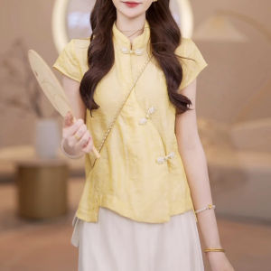 Shalldoer | New Chinese Style Short Sleeve Shirt Womens Stand Collar Button Up Top Casual Summer Fashionable Unique Beautiful Ladies Blouse