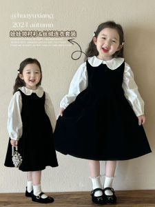 Váy Nhung Lụa Cho Bé Gái Mùa Xuân Phong Cách Mới Phiên Bản Hàn Quốc Trẻ Em Váy Sơ Mi Cổ Búp Bê Đen Áo Vest Váy