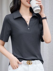 Fashionable Patchwork Half Sleeve T-Shirt Womens Summer New Style Design Collar Short Sleeve Top Korean Style Cotton Blend