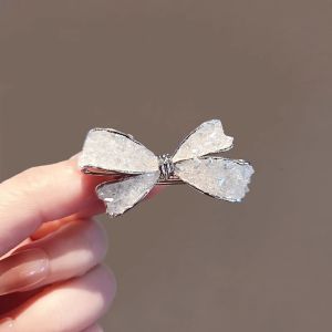 Korean Style Grey Crystal Bow Hairpin Elegant Womens Bangs Side Clip Metal One-word Duckbill Clip Girl Fashion Hair Accessories