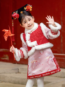 Thickened Cotton Childrens Hanfu Set Winter New Year Visiting Clothes Traditional Chinese Style Girls Tang Suit Mid-Length Qipao