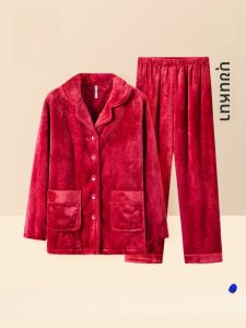 HLA | Bộ đồ lông cừu Coral dày dặn có nút cài cho nữ quần dài ấm áp mùa đông áo sơ mi dài tay quần dài mặc ở nhà phong cách đơn giản