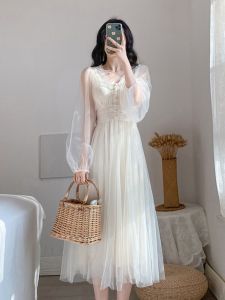 2025 Spring Summer New French Vintage Fairy Mesh Dress Ultra Fairy Gentle First Love Dress Women Two Piece Set Korean Style High Waist Bubble Sleeve Ultra Short V-neck A-line Skirt