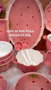 Bát Đĩa Gốm Sứ Decor Bát Ăn Cơm Bát Ăn Chè Chén Dĩa Dễ Thương Bộ Bát Đĩa Dâu Hồng Mới Cực Đáng yêu...
