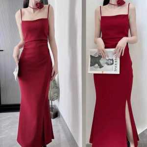 ชุดเดรสยาวสีแดงเซ็กซี่สไตล์ฝรั่งเศส ชุดเดรสยาวคลุมเข่าผูกโบว์เอวสูง แขนกุด คอวี ทรงเอ ชุดเดรสยาวคลุมเข่า