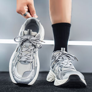 Grey Dad Shoes Mens Summer Breathable High-End Hong Kong Style Casual Running Thick Bottom Mesh Surface Sports Shoes
