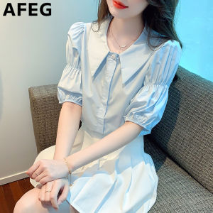 AFEG solid color Korean version doll collar fashion loose temperament bubble sleeve blouse for women