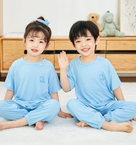 Kids Modal Pajamas Spring/Summer Thin Boy Short Sleeve Trousers Suit Childrens Little Girl Solid Color Homewear