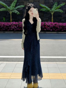 SENWA | Floral Trim Blue Sleeveless Polka Dot Beach Dress Long