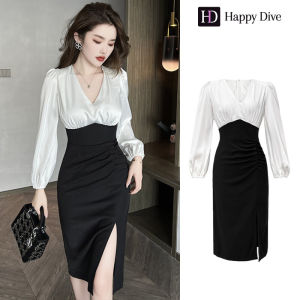 Happy Diva เดรสผู้หญิง เดรสสีดำ เดรสแขนยาว เดรสรัดรูป เดรสทำงาน เดรสออกงาน เดรสไปงานแต่ง เดรสเซ็กซี่ เดรสเกาหลี ชุดออกงาน 6048
