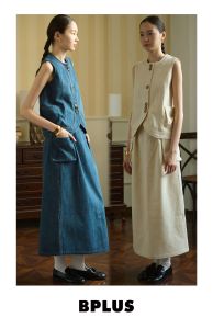 BPLUS24 ใหม่ Washed Blue เดนิม เสื้อกั๊ก Multi-Buckled กระโปรงทรงดินสอ กระเป๋าเสื้อ ดีไซน์ ความยาวปานกลาง Natural เอว ผ้าฝ้าย Blend กระโปรง