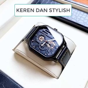 POEDAGAR JAM TANGAN PRIA MEWAH OLAHRAGA (DV-628) Square Dial Kulit  Tahan Air Watch Man/Silver Shell Black