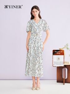 YINER | Đầm In Hình Cổ V Đẹp & Sang Trọng Pha Kén Tơ Tằm Có Dây Nịt