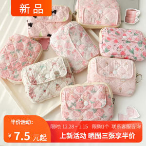 Polka Dot Floral Button Multi Functional Document Storage Bag Convenient Zipper Coin Purse Small Makeup Bag Fashionable Korean Style