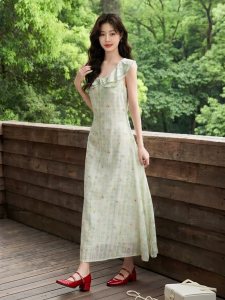 SANFU | Summer New Double Layer Ruffled Neck Tie Waist A-Line Long Dress