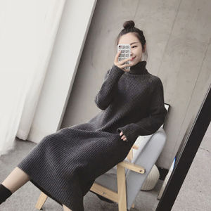 Elegant Long Knitted Sweater Dress Womens Fleece Lined Loose High Collar Autumn Winter Fashion Single Piece Long Dress