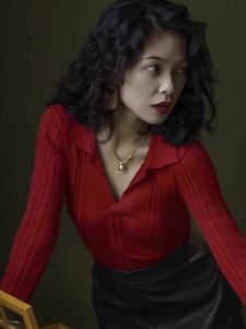 Red Polo Neck Knitted Sweater Womens Autumn Winter Slim Fit Base Layer Christmas Top Commute Style Korean Version Inner Wear