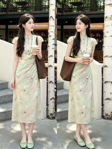 XUECAIQI | Elegant Chinese Style Cheongsam Dress Long for Summer