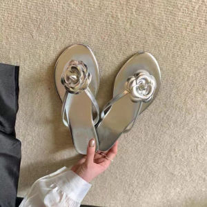 Sheepskin Version Tea Rose Genuine Leather Toe Post Slippers Women Summer Elegantly Wear outside Flat Heel Semi Slippers Cool Slippers