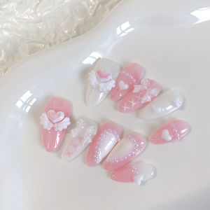 10 Móng Tay Giả Hình Quả Hạnh Nhân Màu Hồng Thiết Kế Trái Tim Thiên Thần Dành Cho Nữ Trang Trí Tay Ngọt Ngào Thích Hợp Cho Tiệc Cưới