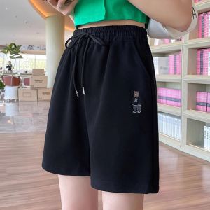 กางเกงขาสั้นทรงหลวมเอวสูงสีดำสำหรับผู้หญิงในช่วงฤดูร้อน กางเกงขายาวทรงตรงสำหรับวิ่ง กางเกงขายาวลำลองแบบหลวมๆ ผลิตจากผ้าโพลีเอสเตอร์