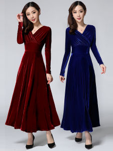 Elegant Long Velvet Dress Womens Spring Autumn New Style Gold Velvet Floor Length Skirt High Waist V Neck Korean Style Dress