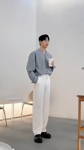 Fancy กางเกงขายาวทรงตรงชาย เนื้อผ้าเรียบลื่น รีดง่าย กางเกงสูทสีขาวสไตล์เกาหลี กางเกงลำลองไซส์ใหญ่