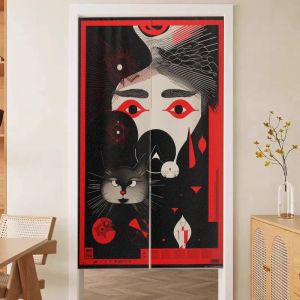 VIKAMA Japanese Ukiyo E Geisha Cherry Blossom Door Curtain Red Kimono Woman Sakura Calligraphy Art Linen Noren Bedroom Kitchen