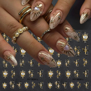 2pcs Shiny Y2K Golden Heart Star With Rhinestones 3D Nail Art Stickers Decals Adhesive Sliders Nail Charms Decorations Manicure