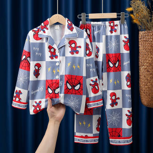 Childrens Long Sleeve Thin Collar Spiderman Cartoon Pajamas Set Home Clothes Breathable Moisture Wicking Polyester Fiber