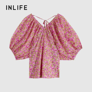INLIFE | Vintage V-Neck Puff Sleeve Floral Print Chiffon Lightweight Blouse
