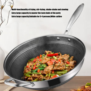 【Ready Stock】32cm Non-stick Wok 316 Stainless Steel  Honey Comb Double Full Screen Pan No Coating Wok