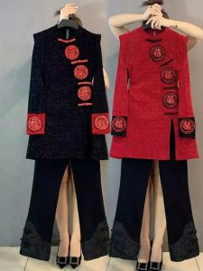 Elegant plus Size Fashion Set Womens Retro Button Design Slimming Stylish Top And Pants Two Piece Set Traditional Chinese Style