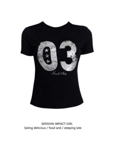 Retro American Style Cracked Letter Print Shoulder T-Shirt Womens Slim Fit Short Sleeve Summer New Style Cool Feeling