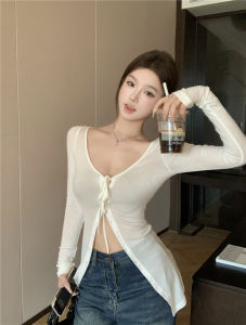 GUZILIAN | Summer Thin Knitted Sun Protection Outerwear Womens V-neck T-shirt Design Sense Outerwear Belted Top Fashionable commuter style standard fit