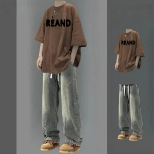 American Retro Cool Mens Summer Short Sleeve Jeans Set Teenage Boys Fashionable Student Casual Sportswear Ensemble